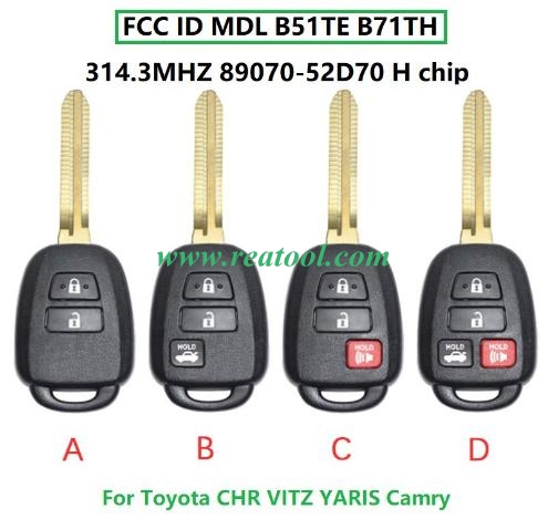 Remote Car Key FOB For TOYO-TA CHR VITZ YARIS Camry Corolla AQUA FCC ID MDL B51TE B71TH 314.3MHZ 89070-52D70 H chip