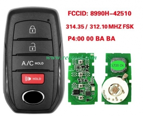 2023 TOYO-TA bZ4X Smart Remote Key 4 Button 8990H-42510 HYQ14FBX 314.35-312.10 MHZ P4:00 00 BA BA