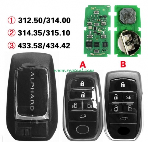 0120 312.50/314.00、314.35/315.10、433.58/434.42 smart pcb key for TOYO-TA alphard vellfire 8A chip P4:A9