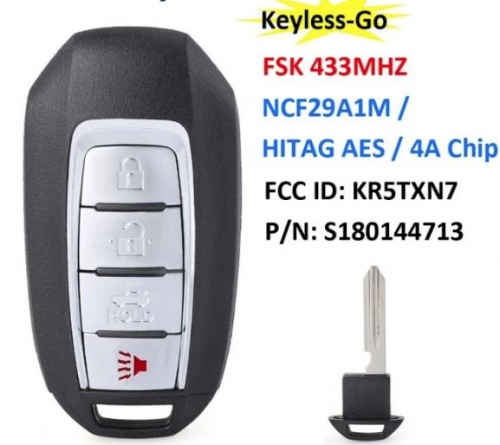 4B Smart Remote Car Key FSK 433Mhz NCF29A1M HITAG AES 4A Chip For Infinit Q50 Q60 FCC ID KR5TXN7 S180144713